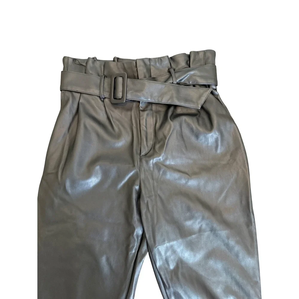 H&M Black Faux Leather Paperbag Waist Belted Tapered Pants Womens Size 8 Vegan